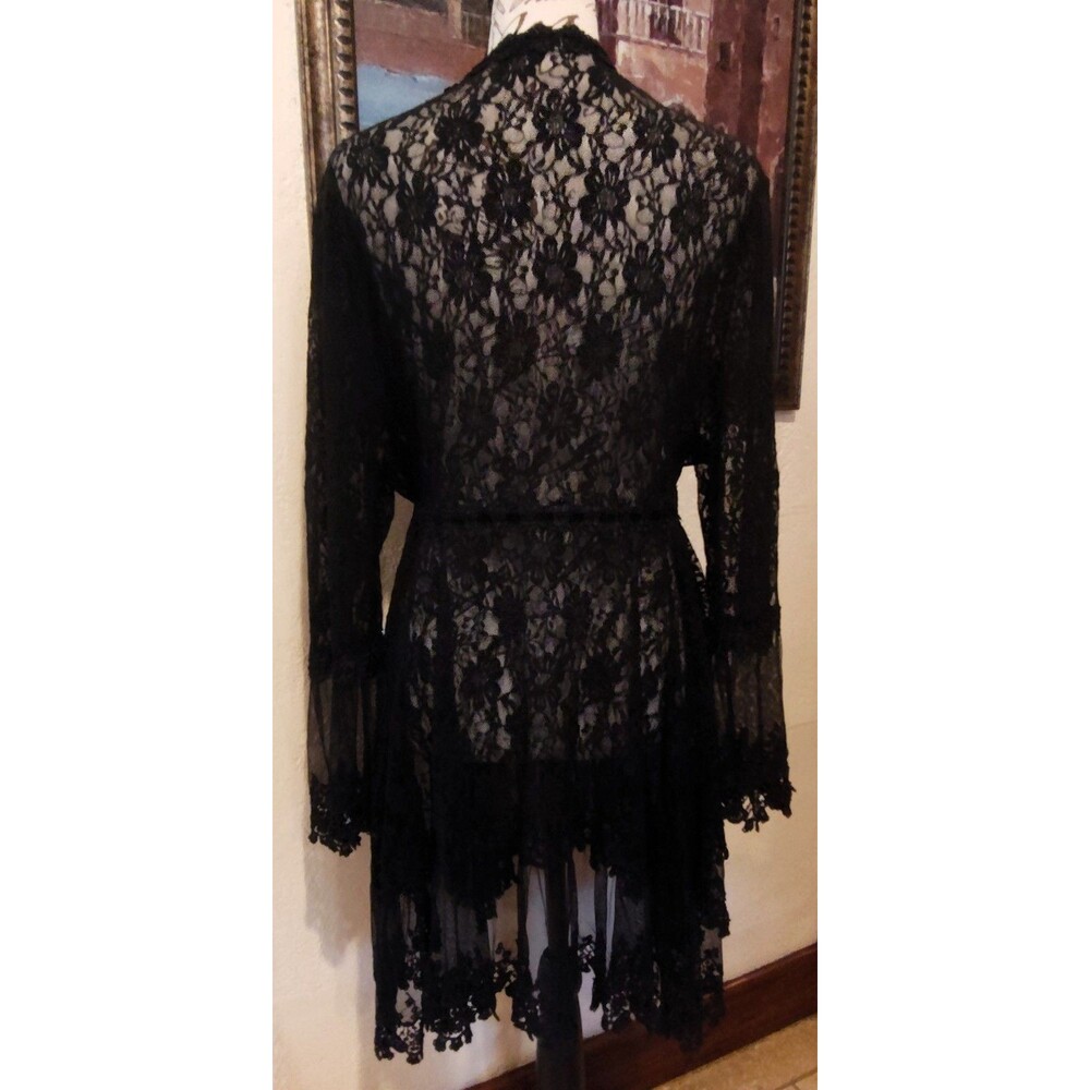 ADORE Black Floral Lace Button-Down Duster/Robe w Long Bell Sleeves Uneven Hem - Picture 6 of 10